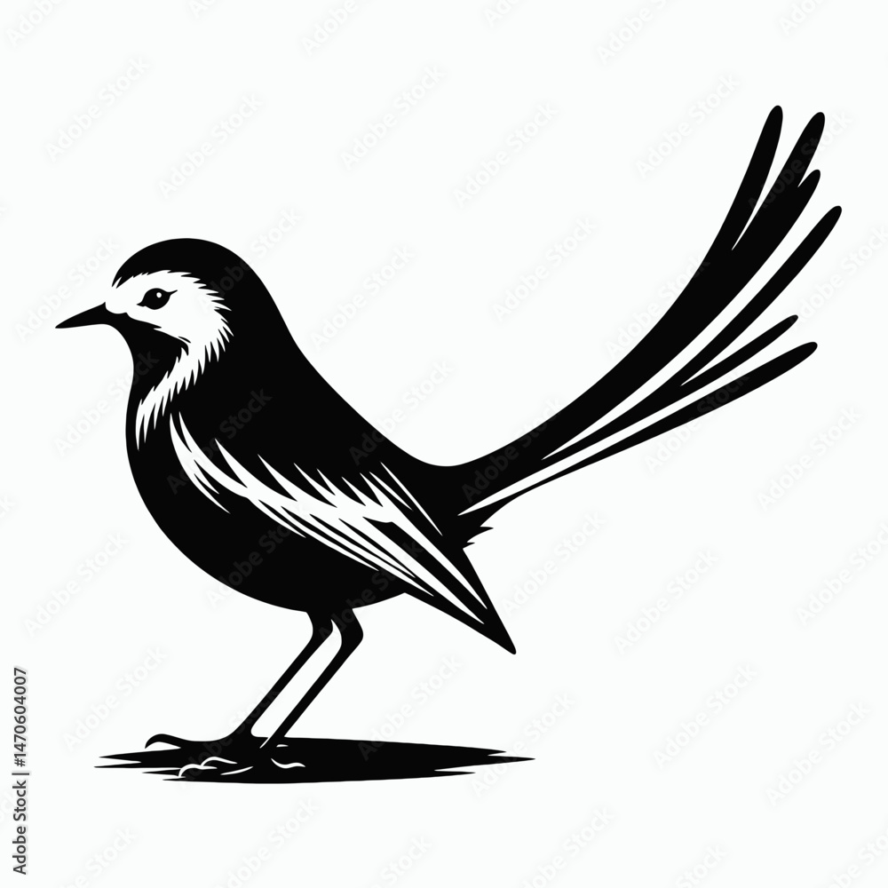Obraz premium vector silhouette of a wagtail bird with long tail pointing downward, upright pose, simple design, white background