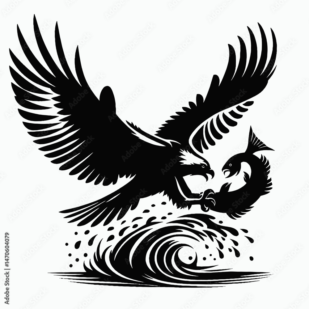 Obraz premium vector silhouette of an osprey with outstretched wings clutching a fish, dynamic form, white background 