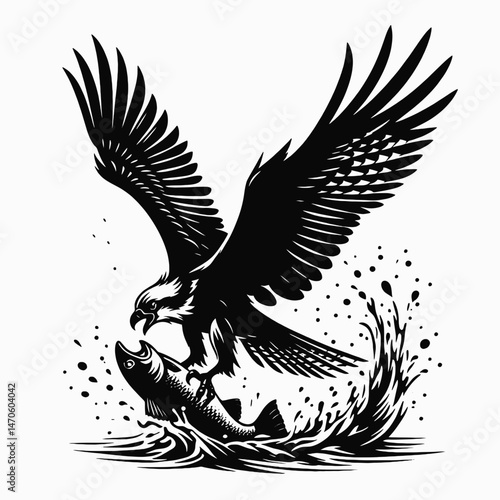 vector silhouette of an osprey with outstretched wings clutching a fish, dynamic form, white background 
