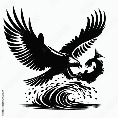 vector silhouette of an osprey with outstretched wings clutching a fish, dynamic form, white background 