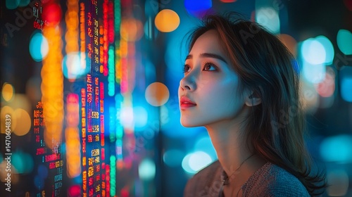 Young woman, city lights, thoughtful