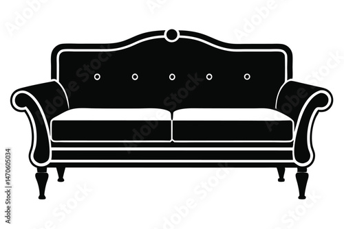 Isolated luxurious black sofa with white cushions featuring classic design, transparent background is clearly visible