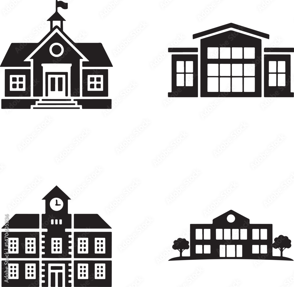 Fototapeta premium School building silhouette set vector illustration isolated On Transparent Background
