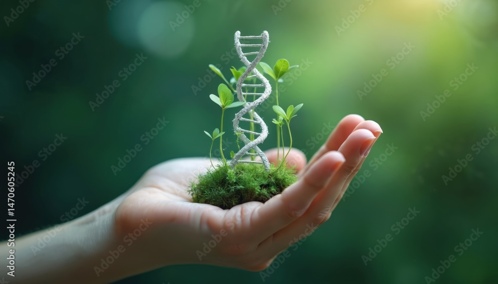 Fototapeta premium Hand holding small plant with DNA symbol. Concepting biology, genetics, growth, environmental science, ecology, future. Gene therapy, biotechnology, research, innovation, bio tech, healthcare,