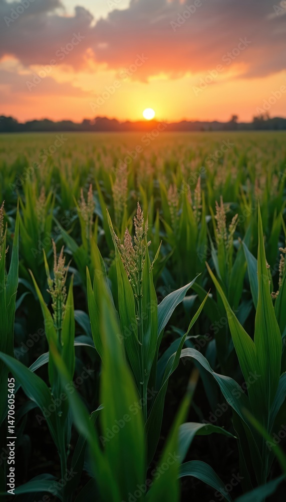 Fototapeta premium Corn field under sunset sky. Green plants, rural farm land in summer. Farming scene, outdoor landscape, organic leaves and crop growth. Agriculture, farming, food production, eco farming.