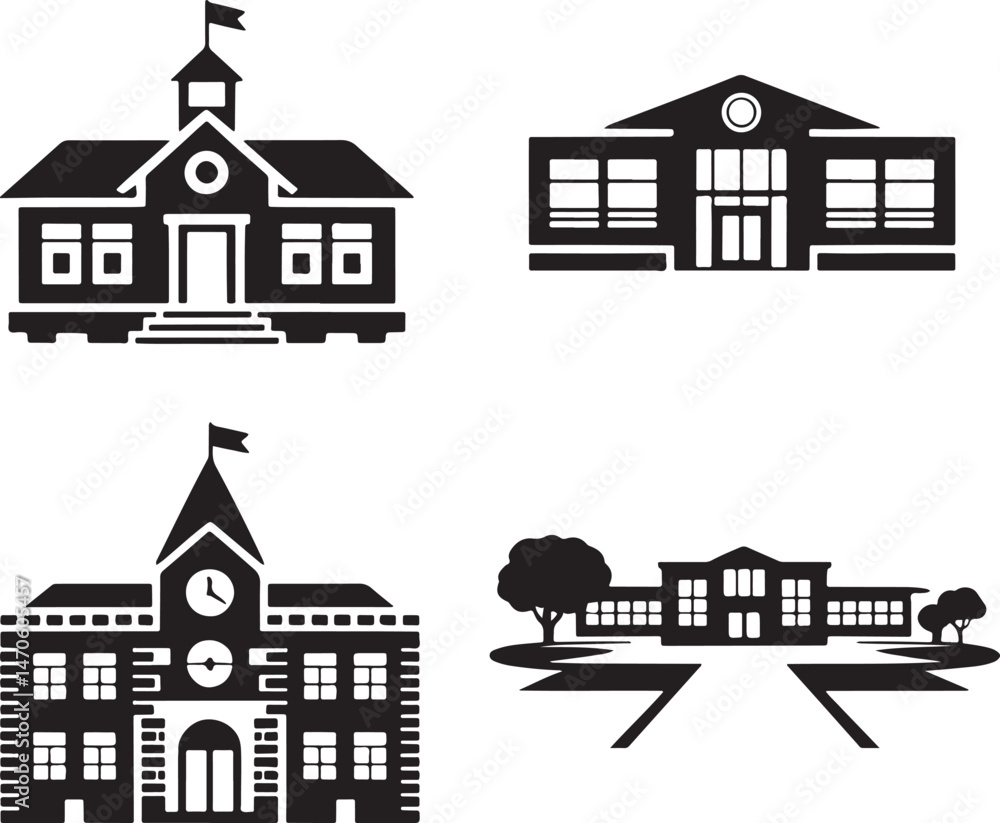 Fototapeta premium School building silhouette set vector illustration isolated On Transparent Background