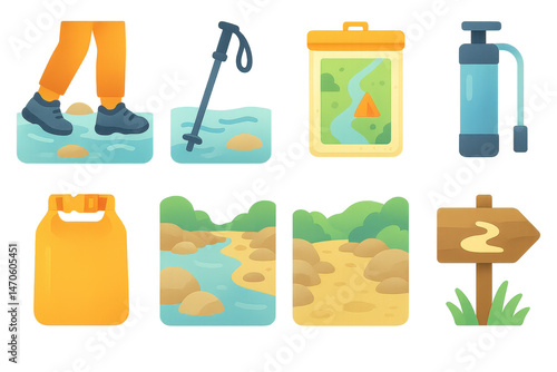 Essential river hiking icons set – trail, map, water, boots, pole, bottle, backpack. Flat icon set