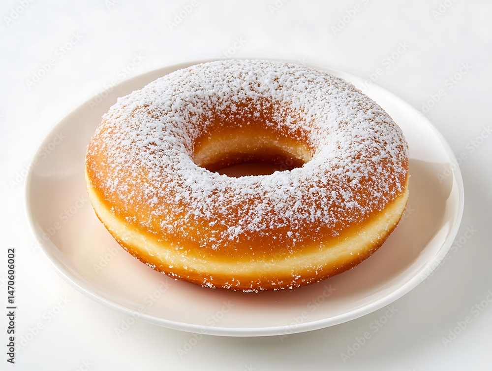 Sweet Donut with Powdered Sugar on Ceramic Plate, Delicious Bakery Treat Closeup Sweet Donut with Powdered Sugar on Ceramic Plate, Delicious Bakery Treat Closeup
