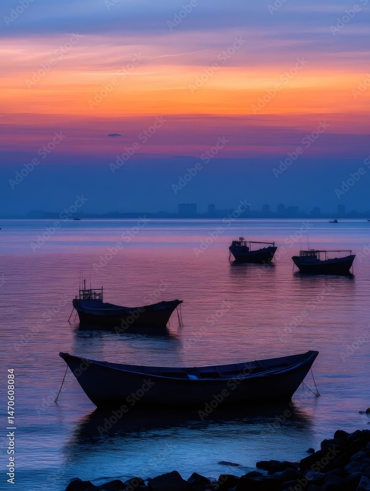 オレンジと紫の夕暮れ時の穏やかな海に浮かぶ漁船とシルエットの景色 オレンジと紫の夕暮れ時の穏やかな海に浮かぶ漁船とシルエットの景色