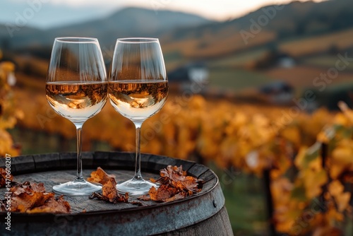 Two wine glasses filled with white wine, resting on a wooden barrel amongst autumn leaves, with vineyard scenery in the background