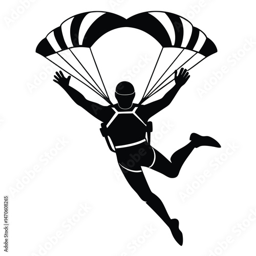 Silhouette of a man skydiving with arms outstretched and parachute on transparent background