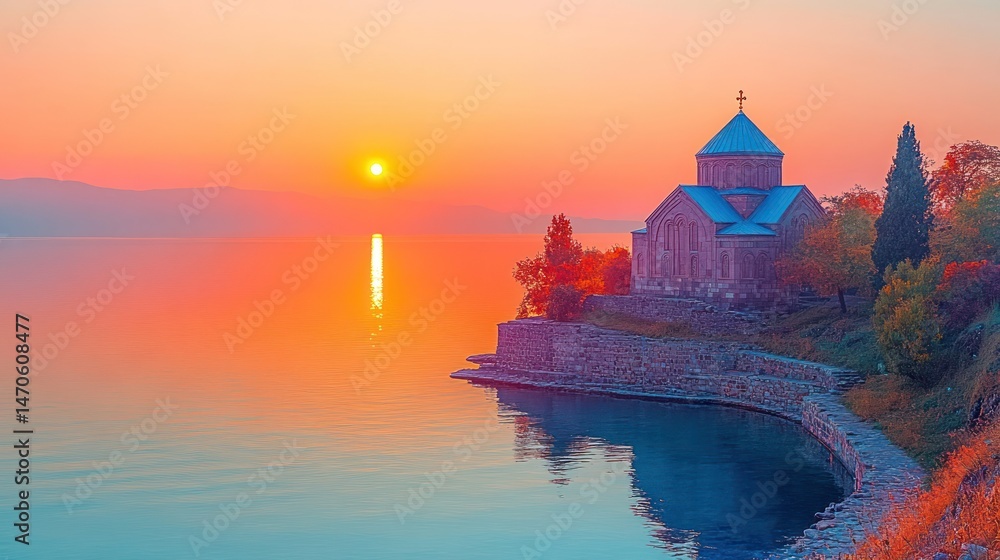 Obraz premium Sunrise over lake, church on shore