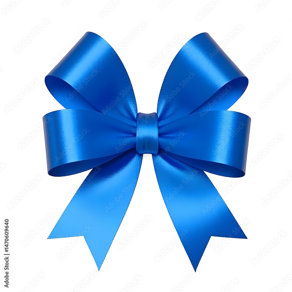 Blue satin ribbon tied into a perfect bow isolated on white background, vibrant and glossy. Blue satin ribbon tied into a perfect bow isolated on white background, vibrant and glossy.