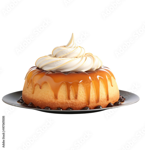 Baba au Rhum, a light, spongy French cake soaked in rum syrup, often topped with whipped cream or fruit, offering a rich, indulgent dessert experience.

