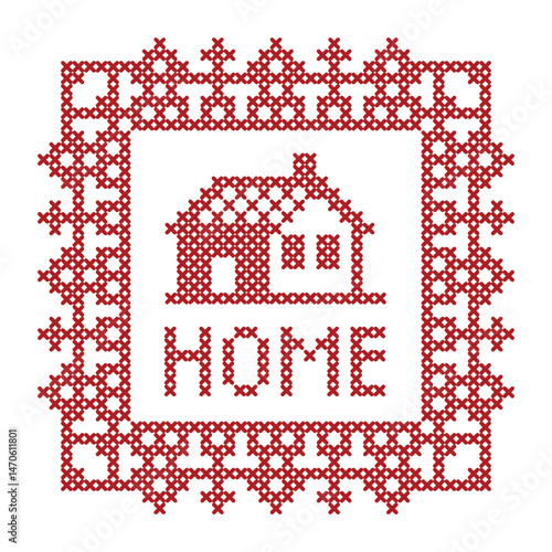 Cross-Stitch Embroidery Pattern of a House with “HOME” Text in Red Frame — Cozy Folk Design for Home Decor, Crafting & DIY Projects