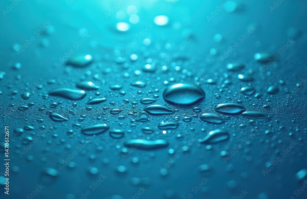 Water drops on blue surface. World Water Day concept. Droplet texture, surface close-up. Rain, liquid, fresh, clean. Environmental protection, CSR, eco-friendly. Save water concept. Water drops on blue surface. World Water Day concept. Droplet texture, surface close-up. Rain, liquid, fresh, clean. Environmental protection, CSR, eco-friendly. Save water concept.