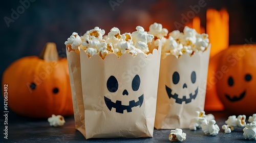 Popcorn served in decorated paper bags with ghost faces
