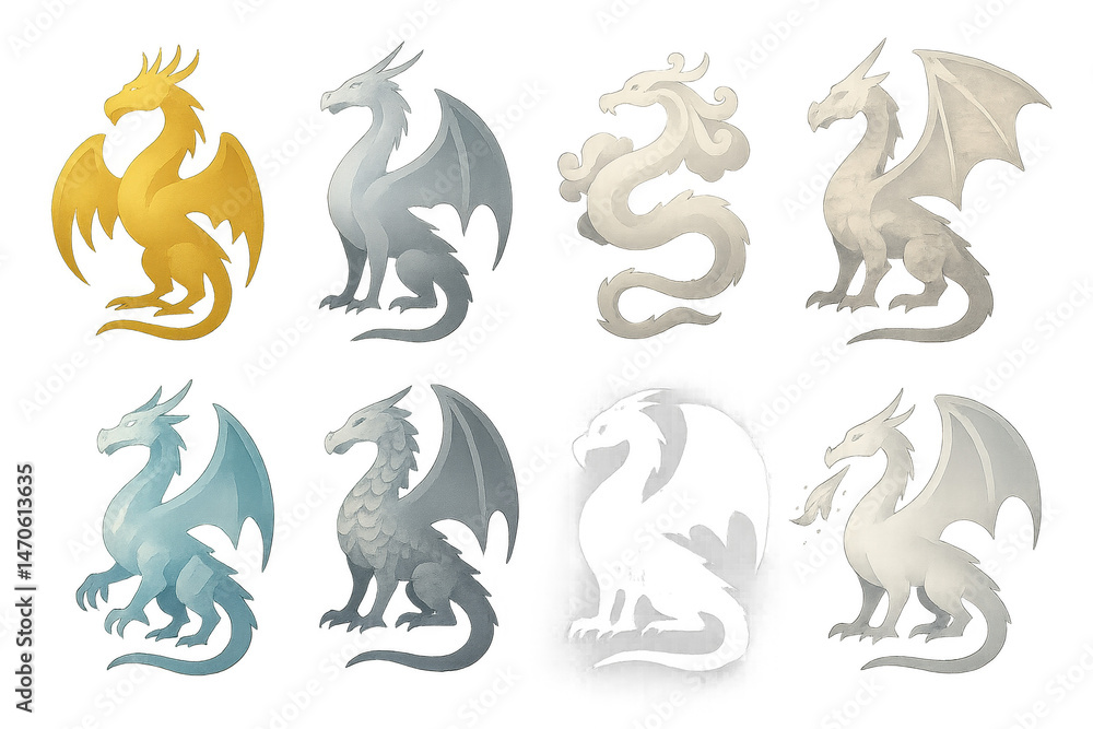 Elegant dragon silhouette icons set – majestic, mythical, fantasy, winged, mystical, creatures. Flat icon set Elegant dragon silhouette icons set – majestic, mythical, fantasy, winged, mystical, creatures. Flat icon set