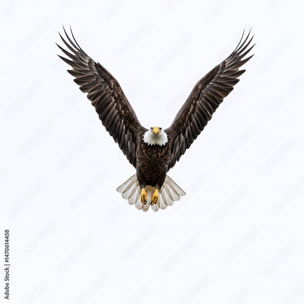 Fototapeta premium Bald eagle in flight. Majestic bird of prey with outstretched wings.