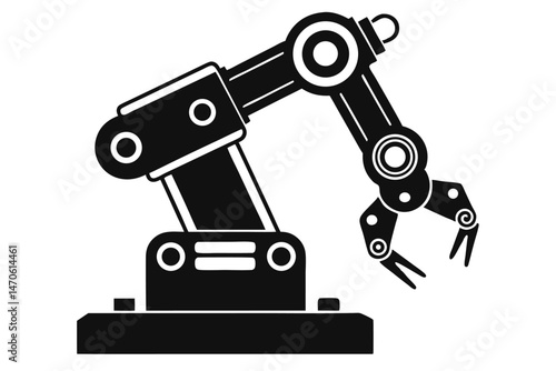 Solid black robotic arm with pincer claw extends from an industrial base, transparent background