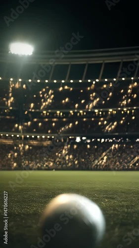 Close-up of a soccer ball on the playing field in a stadium during an evening game under the bright lights with blurred audience background.