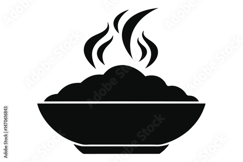 Hot dish in bowl emitting rising steam is depicted in black silhouette