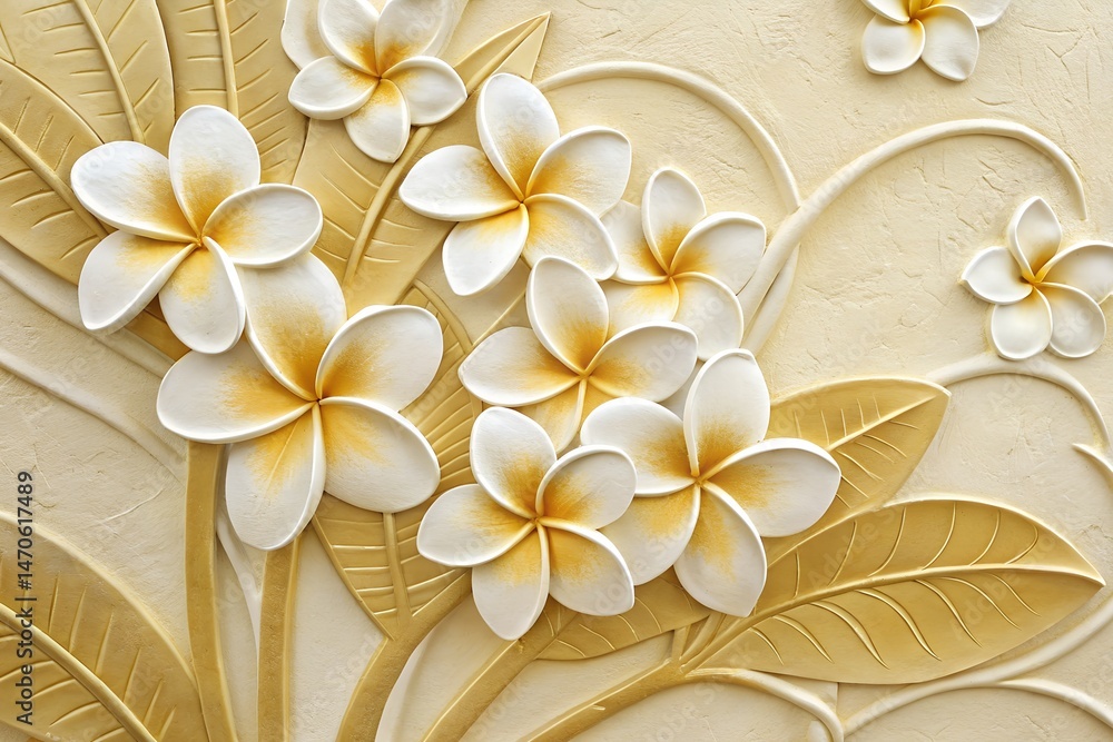 Fototapeta premium Floral Serenity: A collection of pristine, sculptural blossoms of plumeria flowers, exuding elegance and charm, adorning with delicate leaves.