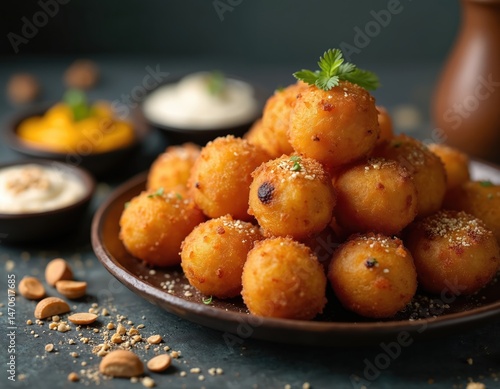 Wallpaper Mural Sabudana vada, sago deep fried cakes with peanut chutney over dark background. Popular Indian snack, street food, also known as tapioca pearls fries. Vegan, vegetarian food, great for fasting. Torontodigital.ca