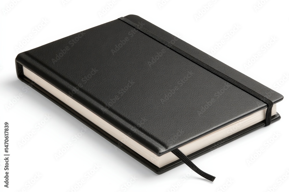 Elegant black notebook with elastic closure, perfect for jotting down ideas or keeping track of appointments. Elegant black notebook with elastic closure, perfect for jotting down ideas or keeping track of appointments.