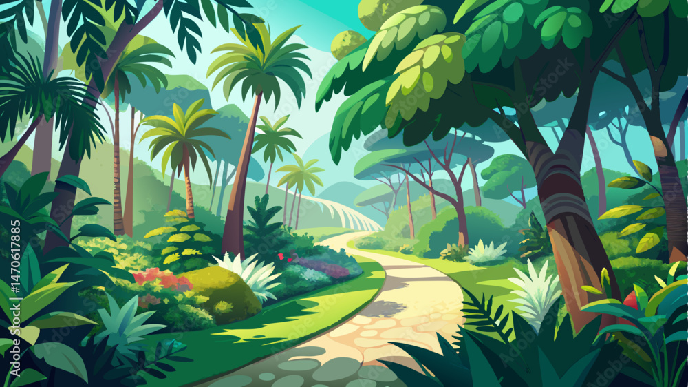 Fototapeta premium Lush greenery and palm-like trees frame a winding path through a tranquil sun-dappled botanical garden on a bright day.