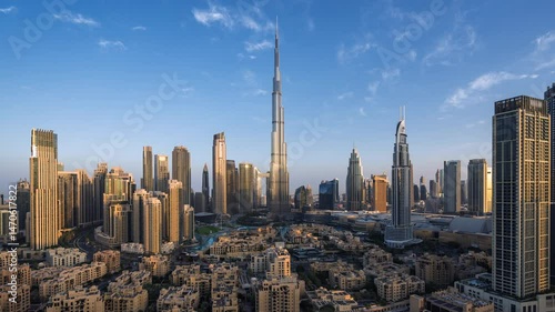 Dubai Downtown timelapse, sunrise over Burj Khalifa and other towers in Dubai, United Arab Emirates (UAE).