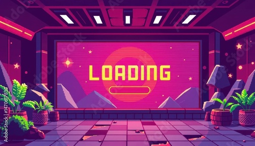 Retro futuristic loading screen, a pixelated journey into digital realms and geometric shapes, neon lights illuminate distant horizons