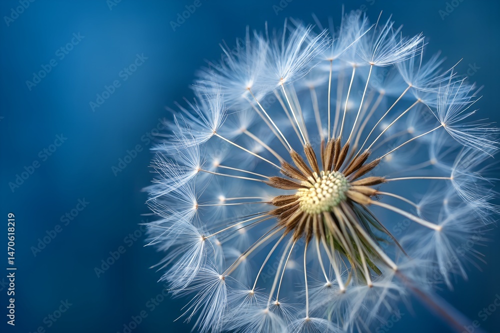 Naklejka premium Dandelion Seed Head: A close-up view showcases a delicate dandelion seed head, its intricate structure and ethereal seeds poised for dispersal. The image captures the beauty of nature's design.