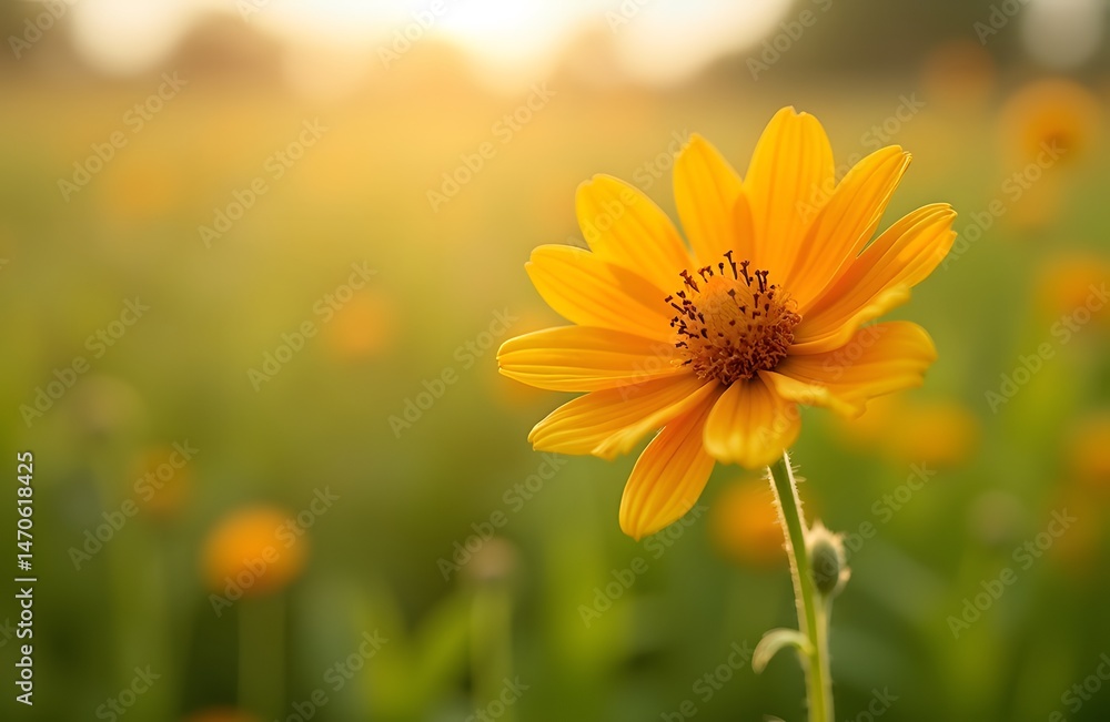 Obraz premium Macro shot of a single yellow orange flower in a sunlit meadow