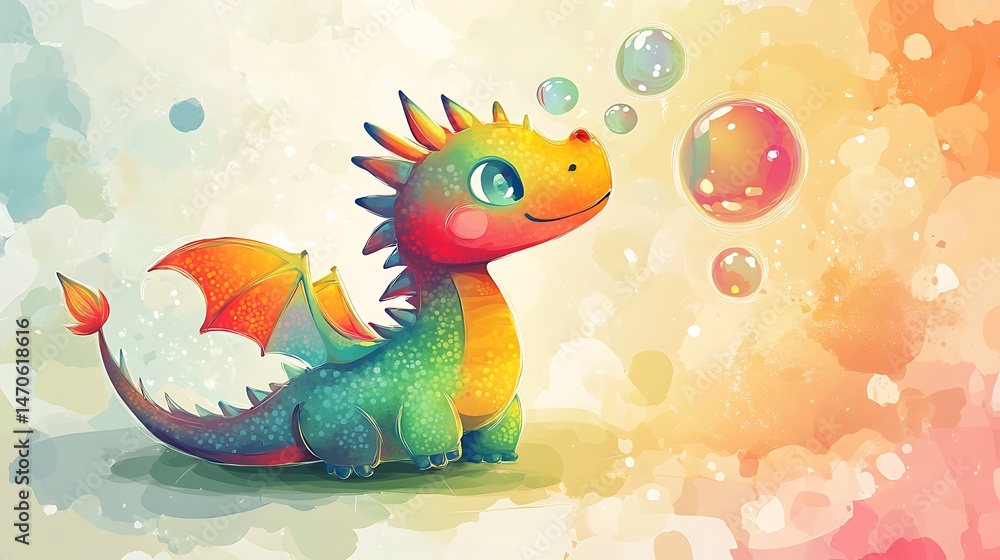 Naklejka premium Cute cartoon dragon blowing bubbles