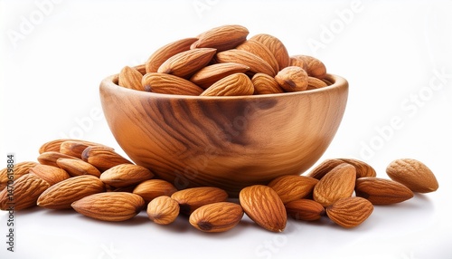 almond nuts in wooden bowl and pile isolated on white background
