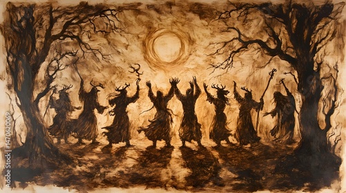 Ancient drawing of Celtic druids performing rituals for Samhain