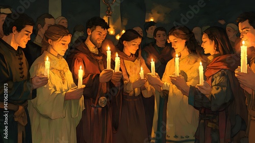 Illustration of people in the Middle Ages celebrating All Saints Day with candles