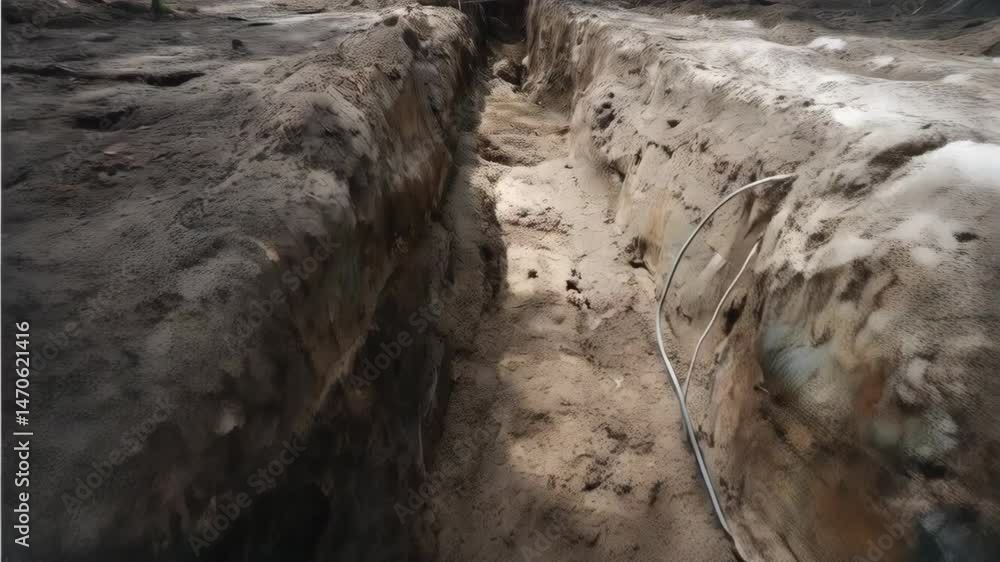 Excavated earth trench for utility installation running through a construction site, exposing soil and a few exposed cables on an overcast day. Excavated earth trench for utility installation running through a construction site, exposing soil and a few exposed cables on an overcast day.