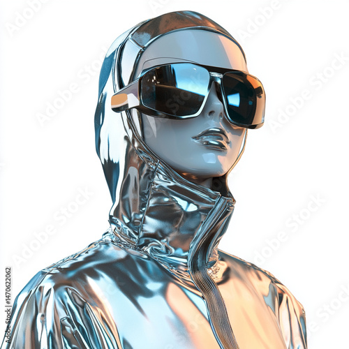 Futuristic Mannequin: Metallic sheen mannequin wearing oversized sunglasses and a hooded, shiny, silver jacket with a futuristic vibe.