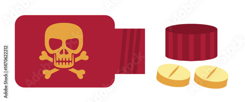 High Risk Medications. A red plastic medicine bottle with a yellow poison icon, pill, tablet medicines on the floor next to it. Warning sign, skull danger sign. Deadly danger, danger, drug. Vector.
