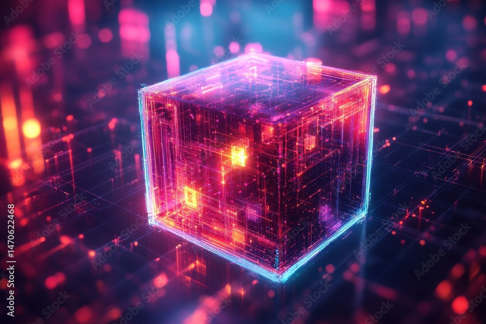 Fototapeta premium Colorful digital cube representing data and technology in a futuristic virtual environment with glowing patterns and vibrant colors