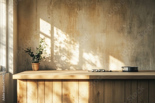 Sunlit minimalist kitchen counter with wooden cabinets, a plant, and a pot on a gas stove.