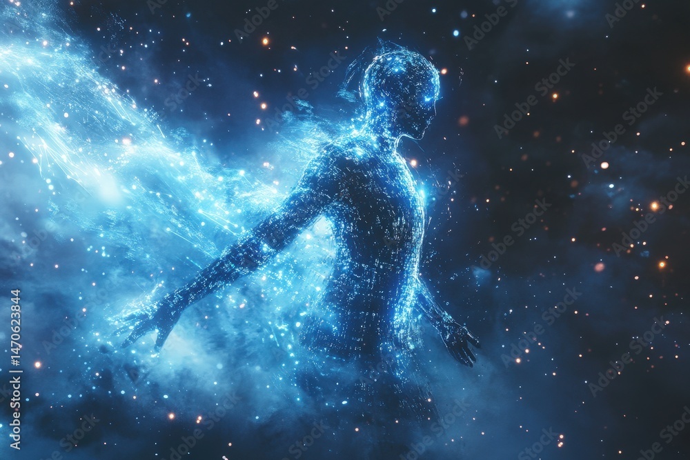 Obraz premium Digital art representation of a human face composed of glowing binary code in a dark environment showcasing a blend of technology and humanity