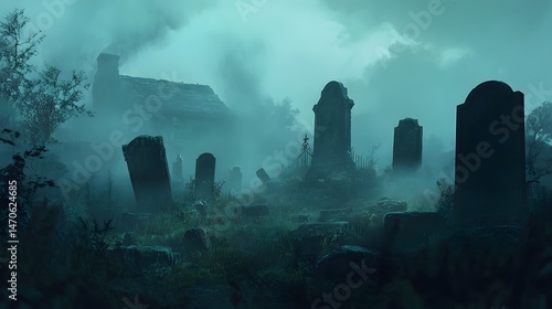 Foggy graveyard with old tombstones and low-hanging mist