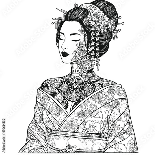 Tattooed Woman in Traditional Japanese Kimono and Hairstyle, Black and White Line Art Illustration