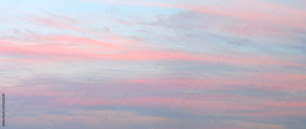 Fototapeta premium A beautiful pink and blue sky with clouds. The sky is a mix of pink and blue, with the pink being more dominant. The clouds are scattered throughout the sky, with some being larger