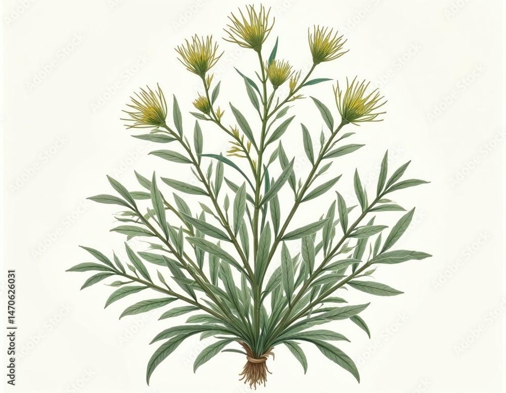 Fototapeta premium Artemisia Absinthium botanical illustration. Wormwood drawing on white background. Medicative plant with green leaves, yellow flowers. Vintage design for herb, medicine, pharmacy. Floral spring