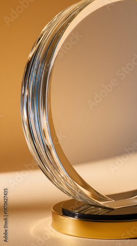 Abstract glass sculpture, curved lines, gold base, beige background, showcase potential, elegant and modern design, decorative element