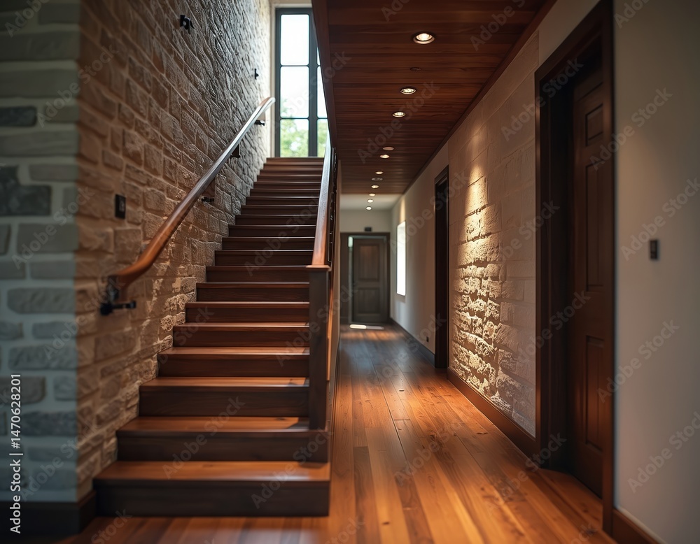 Fototapeta premium Interior hallway featuring wooden staircase stone-clad wall and modern entrance door. Cozy home ambiance wooden staircase leads to the upper levels of the house. Rustic design home.